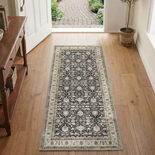 jinchan 2x5 Washable Vintage Runner Rug, Distressed Traditional Floral Hallway Runner, Soft Low-Pile Non-Slip Floor Mat for High-Traffic Kitchen Entryway Laundry Room Bathroom Vanity, Black - color: Oriental Taupe on Black, size: 2' x 5' (Runner)