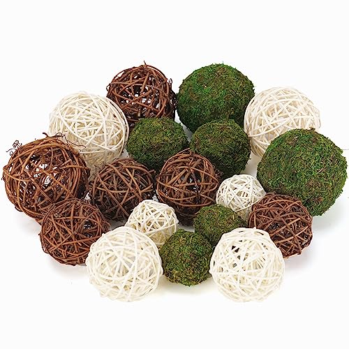 USMOLA 18Pcs Decorative Balls for Centerpiece Bowl - 6Pcs Fake Moss Balls + 12Pcs Rattan Wicker Balls, Artificial Moss Decorative Balls Vase Fillers for Home Garden Wedding Party Decor (Rustic)