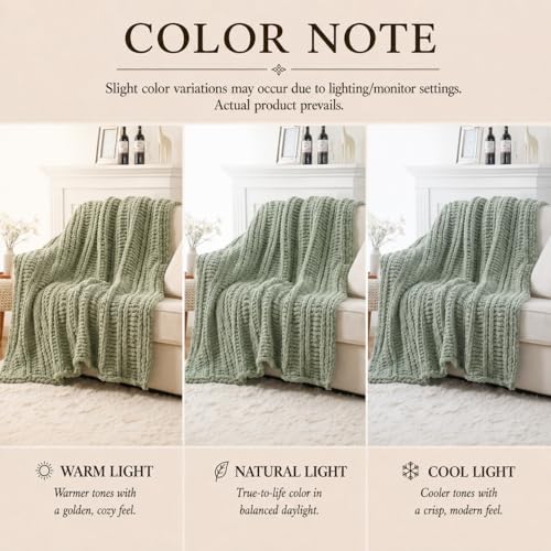 Battilo Chunky Knit Throw Blanket for Couch, Hand Made Chenille Throw Blanket, Super Soft Warm Cozy Sage Green Blanket for Bed, Sofa, Living Room, 50"x60" - color: Sage Green