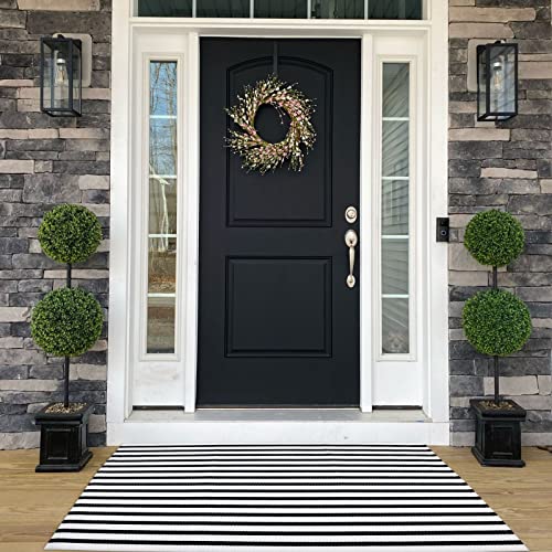 Black and White Outdoor Rug 35.4" x59" Front Porch Rug Door Mat Washable Farmhouse Layered Door Mats Cotton Hand-Woven Welcome Mats Throw Carpet for Entryway/Home Entrance/Laundry Room - color: Black&white Stripe C, size: 3' x 5' (Rectangular)
