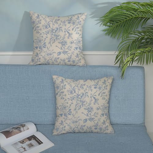 Light Blue Vintage Floral Pillow Covers 16x16 Inch 2 Pcs Blue Cream Rustic Toile Chinoiserie Flower Decor Throw Pillows Outdoor Decoration Pillowcase Linen Cushion Cover for Couch Sofa Bed - color: Light Blue Vintage Floral, size: 16" x 16" (Pack of 2)