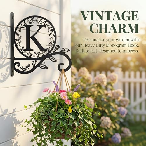 Metal Initial Letter K Plant Hanger Bracket, Decorative Wall Mount Hanging Plant Hook, Monogram Floral Leaf Garden Decor for Hanging Baskets, Bird Feeders, Lanterns, Wind Chimes - style: K