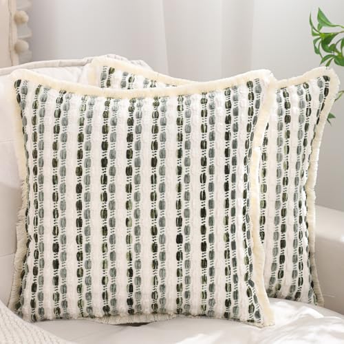 LUOYEHK Chenille Striped Throw Pillow Covers 18x18 Inch Set of 2 Boho Decorative Pillowcases with Fringe Farmhouse Neutral Dark Green Cushion Covers for Couch Sofa Bed Living Room - color: Green Gray, size: 18" x 18" (Pack of 2)