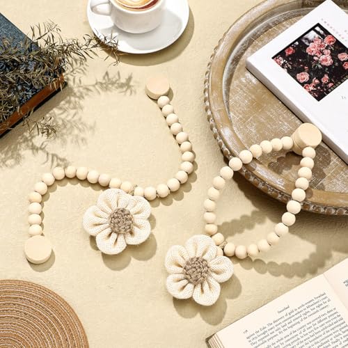 2 Pcs Beaded Sunflower Magnetic Curtain Tiebacks Boho Wooden Curtain Tie Backs for Farmhouse Curtains Holders for Bedroom Decor Baby Nursery Decor for Home Office(Linen,Classic Style) - style: Classic Style