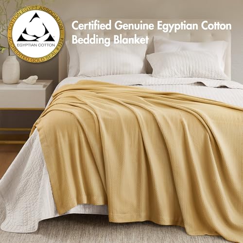 Madison Park 100% Egyptian Cotton Lightweight Summer Blanket, Breathable Waffle Knit Design, Soft Cozy All-Season Throw for Bed, Couch or Sofa, Mustard Yellow Full/Queen Size (90"x90") - color: Mustard, size: Full/Queen