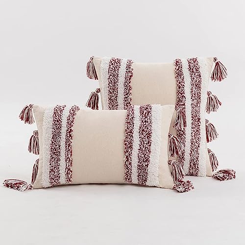 Boho Tufted Throw Pillow with Tassels, Country Thick Striped Style Soft Cushion Cover Decor wuth Zipper for Chair Bed Couch Living Room (Wine Red,12" x 20") - color: Wine Red, size: 12" x 20"