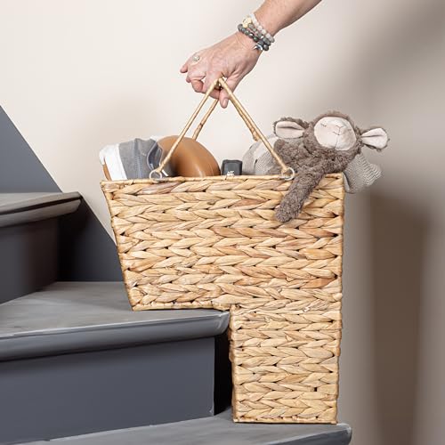 Household Essentials Wicker Stair Basket with Handles, Handwoven Water Hyacinth, Sits on Two Stairs, Lightweight, Natural - style: Water Hyacinth