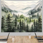 TUGCAY Misty Mountain Forest Tapestry, Green Nature Foggy Watercolor Tree Tapestries Landscape Scenery Tapestry Wall Hanging for Bedroom Living Room Backdrop 51 x 60 Inch