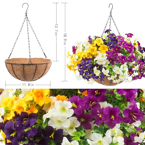 2 Set Artificial Outdoor Flowers with Hanging Baskets,24 Pcs UV Resistant Faux Petunias Flowers with Hanging Planter for Front Door Porch Spring Outside Decor (2, White,Yellow,Purple,RedViolet) - color: White,yellow,purple,redviolet