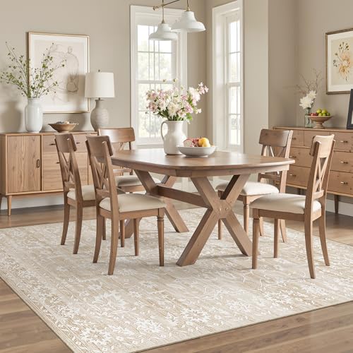 Soalmost 5x7 Area Rugs for Living Room, Washable Vintage Floral Non-Slip Low Pile Neutral Rug Soft Throw Carpet for Dining Room Bedroom Home Office Nursery (Beige, 5'x7') - color: Beige, size: 5' x 7' (Rectangular)