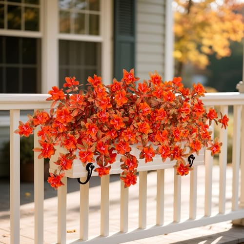 Fall Flowers Artificial for Decoration, Fake Silk Rhododendron Flowers for Outdoors, 2 Bundles Faux Azalea Outside UV Resistant No Fade Floral for Home Garden Balcony Walkway Wedding Party Decor - color: Y-orange