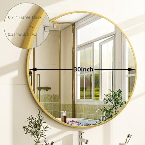 30 Inch Round Bathroom Mirror - Gold Wall Mounted Circle Mirror with Metal Frame, Modern Round Hanging Mirror Suitable for Bathroom, Vanity, Entryway, Living Room - color: Gold, size: 30"L x 30"W