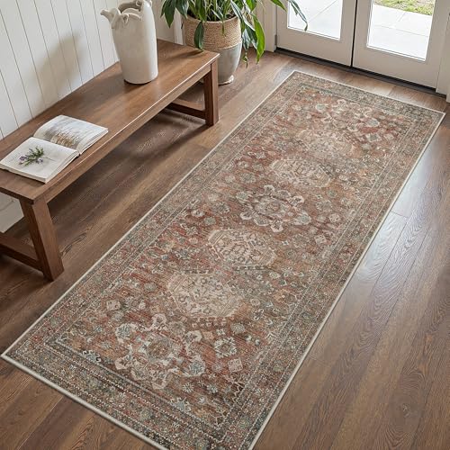 Bavni 2x5 Rug Runner, Washable Runner Rug Non Slip, Vintage Ultra Thin Low Pile Hallway Runner Rug for Kitchen Entryway Bedroom, Brick - color: Brick, size: 2' x 5' (Rectangular)