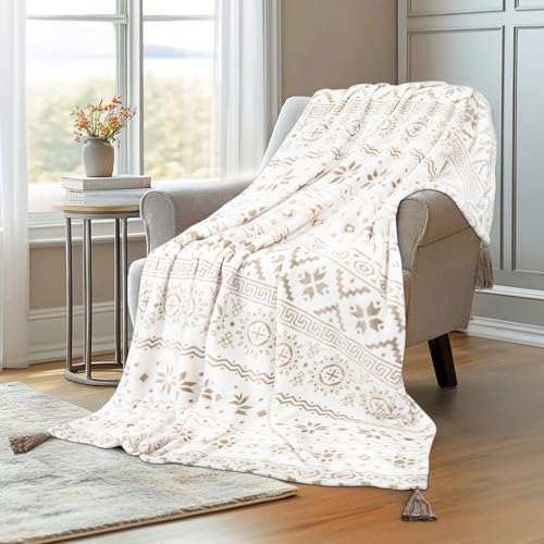 MACEVIA Flannel Boho Blanket for Couch, Country Western Aztec Blanket for Home Decor, Southwestern Throw Blankets with Tassel, Soft Cozy Printed Bohemian Blankets for Bed (Boho Beige02, 50x60inches) - color: Boho Beige02, size: Flannel Fleece (50x60 IN)
