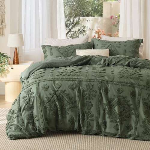 Bedsure Boho Duvet Cover Queen Size, Soft & Comfortable Elegant Design Boho Bedding for Decoration, Machine Washable Comforter Cover for All Seasons,Includes 1 Duvet Cover & 2 Pillow Shams,Olive Green - color: 05 - Olive Green (No Comforter), size: Queen