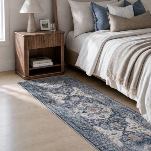 AMOAMI-2X6 Runner Rug-Washable Runners for Hallways-Soft Non Slip Bedside Rugs for Bedroom-Vintage Long Rug for Hallways Entryway Laundry Room Stair Kitchen Bathroom Blue - color: Blue, size: 2' x 6' (Rectangular)