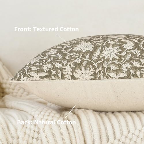 FIOUOVO Floral Throw Pillow Covers 18x18 Farmhouse Block Print Pillow Covers Decorative Pillow Covers Couch Pillows for Living Room Vintage Accent Sofa Pillows Set of 2, Olive Green - color: Olive Green, size: 18" x 18" (Pack of 2)