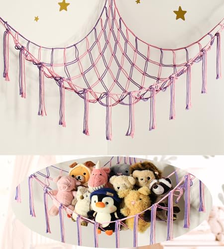 mirolam Large Stuffed Animal Hammock Corner Net for Toys Storage Hanging Stuff Animal Organizer Holder Pink Purle Girls Room Bedroom Boho Nursery Decor - color: Pink Purple, size: Standard(41.5"L x 55.2"W x 41.5"H)