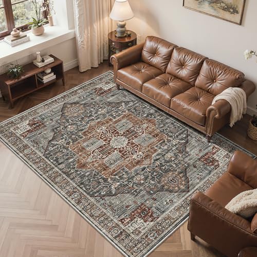 Roxstand 5x7 Area Rugs, Stain Resistant Machine Washable Area Rugs with Non-Slip Backing, Vintage Rugs for Bedroom, Living Room, Large Soft Low Pile Area Rug (Grey/Brown/Tan, 5'x7') - color: Grey/Brown/Tan, size: 5' x 7' (Rectangular)