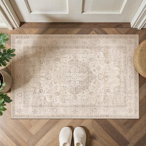 PureCozy Beige 2x3 Washable Entryway Indoor Rug Non-Slip Floral Vintage Distress Print Pattern Medallion for Living Room Thin Low Pile Soft Doormat for Kitchen Laundry Dining Room - color: Vintage 3丨beige, size: 2' x 3' (Rectangular)
