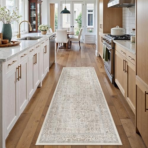 PureCozy Taupe Runner Rug 2x5 Hallway Machine Washable Kitchen Vintage Distressed Non Slip Long Carpet Indoor Retro Floral Bedroom Accent Throw Rug for Bathroom Office Laundry Dining Living Room - color: Accent | Taupe Multi, size: 2' x 5' (Runner)