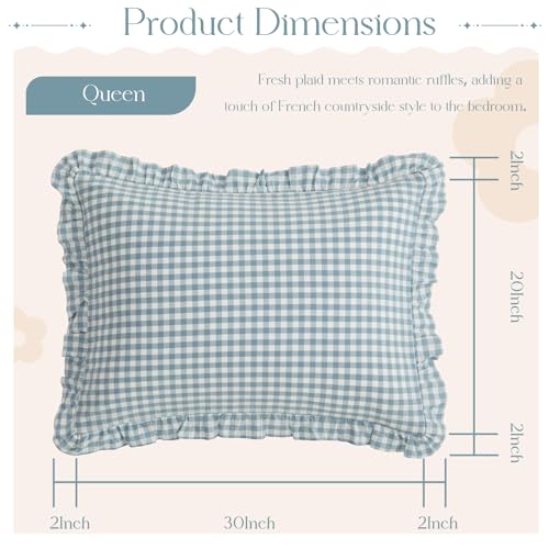KKJIAF 2 Pcs Plaid Ruffle Pillow Case Queen Size, Cotton Gingham Ruffled Euro Sham Pillow Covers 20x30 Inch, Linen Feel Plaid Bed Pillow Shams with Envelope Closure for Sofa Bed (Dusty Blue Plaid) - color: Dusty Blue Plaid, size: 30" x 20" (Pack of 2)