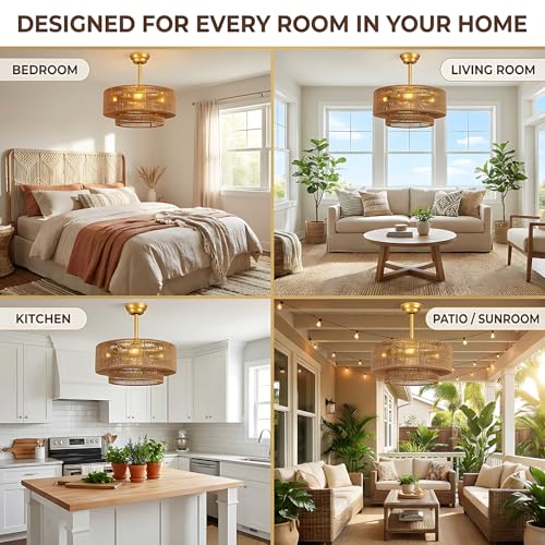 Boho Ceiling Fan with Light: 4-Lights Hand Woven Rattan Chandelier with DC Reversible,6 Speeds, 3CCT - Farmhouse Caged Ceiling Fan for Bedroom,Living Room,Kitchen,Nursery,Island
