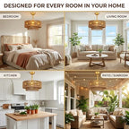 Boho Ceiling Fan with Light: 4-Lights Hand Woven Rattan Chandelier with DC Reversible,6 Speeds, 3CCT - Farmhouse Caged Ceiling Fan for Bedroom,Living Room,Kitchen,Nursery,Island