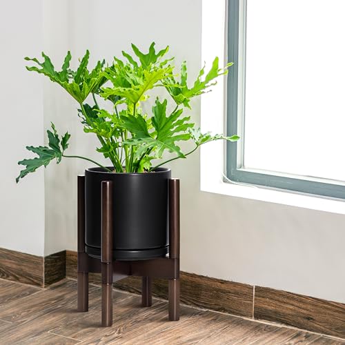 D'vine Dev Ceramic Planter with Walnut Color Stand - 8 Inch Modern Round Flower Pot with Wood Planter Holder, Black, 55-B-Y-2 - color: Black Pot + Walnut Color Stand, size: 8 Inch
