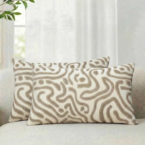 Mantle & Mason Lumbar Pillow Covers 12x20 Set of 2, Chenille Modern Abstract Throw Pillow Covers, Beige Luxury Textured Decorative Pillow Cover for Couch Sofa Bed Office - color: Artflow Beige, size: 20" x 12" (Pack of 2)