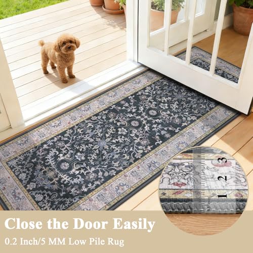 U'Artlines 2' x 6' Boho Hallway Runner Rug Vintage Farmhouse Non Slip Soft Washable Accent Runner Carpet for Kitchen, Entryway, Laundry, Living Room(Dark Grey) - color: Dark Grey, size: 2' x 6' (Runner)