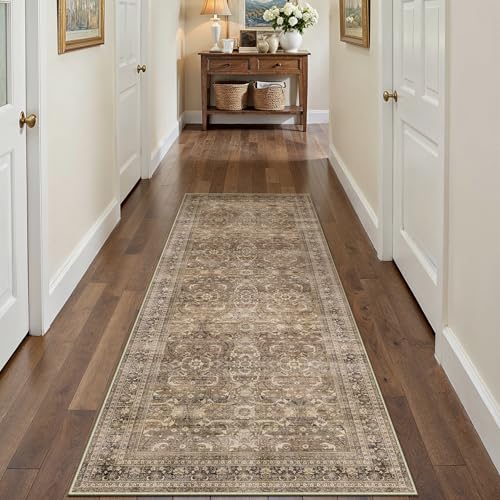 HUGEAR 2x6 Runner Rug Hallway Vintage Brown Machine Washable Retro Floral Low Pile Carpet Vacuumable Distressed Long Throw Rug Bedroom Office Bathroom Kitchen Laundry Non Slip Soft Lightweight - color: Retro | Brown, size: 2' x 6' (Runner)