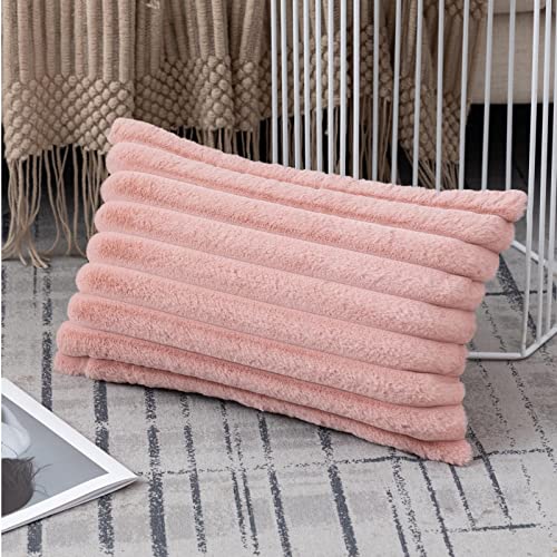 ZLINA Set of 2 Baby Pink Faux Fur Decorative Throw Pillow Covers Fluffy Striped Pillowcase Cushion Covers 12 x 20 Inch Decor Sofa Couch Bedroom - color: Baby Pink, size: 20" x 12" (Pack of 2)