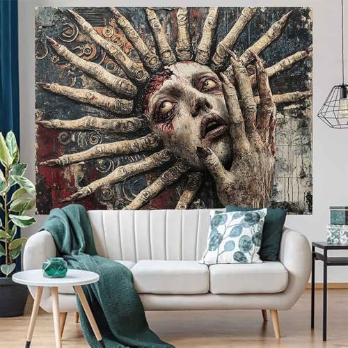 LATETOMT Halloween Tapestry Wall Art Abstract Tapestry Horror Tapestries Gothic Surreal Canvas Print Wall Art for Halloween Party Terrifying Atmosphere LTMTAYW303 - color: Style-2, size: Customize