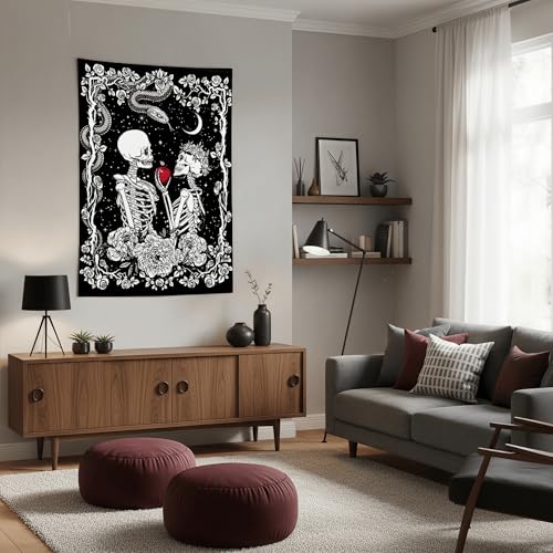 Accnicc Skeleton Lovers Tapestry Gothic Skull Vertical Tapestries Wall Hanging Black and White Floral Plant Snake Horror Small Tapestry for Bedroom Living Room Dorm 48 x 36 inch - color: Black, size: 48"L x 36"W