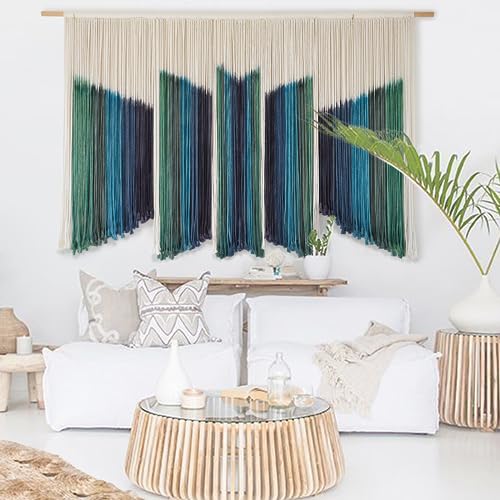 IOWER Macrame Wall Hanging Dip-Dyed 59" Wx37 L Craftsmanship Fiber Yarn Wall Art Boho Macrame Wall Decor - color: blue