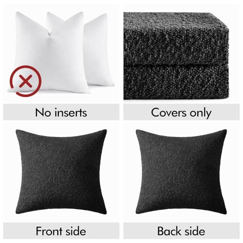 EMEMA Pack of 2, 18 x 18 Inch, Textured Boucle Throw Pillow Covers Cozy Soft Accent Solid Cushion Cases Decorative Black Pillowcases for Couch Sofa Chair Bedroom Living Room Home Decor - color: Black, size: 18" x 18" (Pack of 2)
