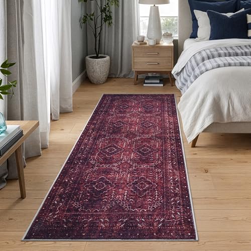 Bloom Rugs Washable Non-Slip 7 ft Runner - Dark Red Traditional Bordered Runner for Entryway, Hallway, Bathroom, and Kitchen - Exact Size: 2.5' x 7' - color: Dark Red, size: 2'6" x 7' (Runner)
