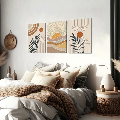 3Pcs Framed Boho Abstract Wall Art Orange Rainbow Sun Desert Minimalist Picture Mid-Century Modern Poster Prints Neutral Botanical Geometric Canvas Painting Wall Decor for Living Room16L x 12W - color: Wrapped Canvas, size: 16L" x 12W"