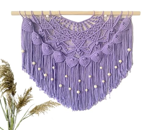 Youngeast Large Macrame Wall Hanging Boho Beaded Curtain for Window Macrame Bedroom Headboard Living Room Wall Art Tassel Tapestry Bohemian Woven Wall Decor 31" W X 25" H (Purple) - color: Purple