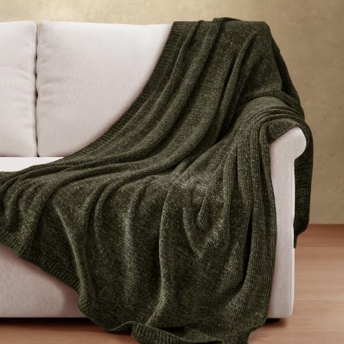 Chenille Throw Blanket for Couch, Cozy Soft Blanket Twin Lightweight Decorative Throw for Living Room Sofa Chair, Stylish Home Decor, Ideal for Gifting, Olive Green 60"x80" - color: Olive Green, size: Twin