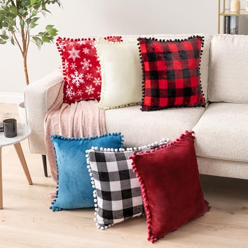 PAVILIA Burgundy Red Throw Pillow Covers with Pom Pom 18x18 Set of 2, Decorative Pillow Cases for Bedroom Aesthetic, Small Throw Pillows Set for Bed, Velvet Euro Plush Cushion Covers for Sofa Couch - color: Wine Red, size: 18" x 18" (Pack of 2)