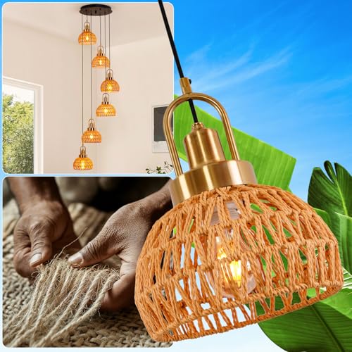 Modern Boho Gold Rattan Pendant Light 6-Lights Vintage Farmhouse Rattan Pendant Light Fixture Hand Woven Golden Bamboo Wicker Pendant Lights for Kitchen Stairwell, Entryway, Living Room - color: Gold 6-Lights