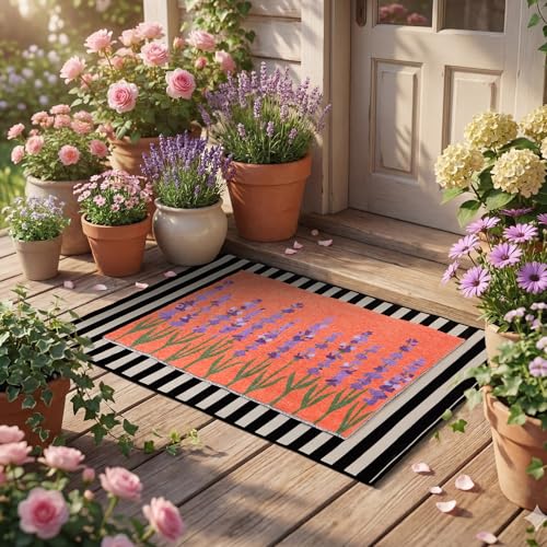 2 Pcs Door Mat Outside Entrance 24 x 32'' Lavender Floral Door Mat Outside and 32 x 43'' Black and White Striped Rug Non Slip Large Floor Layering Doormat for Front Porch Entryway Decor