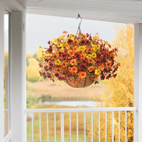 Artificial Fake Hanging Baskets Fall Flowers for Outdoors Decoration, Faux Silk Mums Plants UV Resistant Look Real Outside Yard Patio Front Porch Garden Balcony Home Autumn Decor (Orange Yellow Brown) - color: Orange Yellow Brown