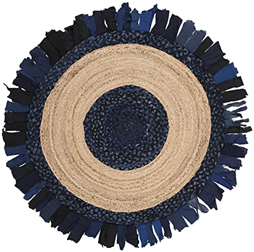 SAFAVIEH Cape Cod Collection 3' Round Navy / Natural CAP701N Handmade Boho Fringe Jute & Cotton Area Rug - color: Navy/Natural, size: 3' (Round)