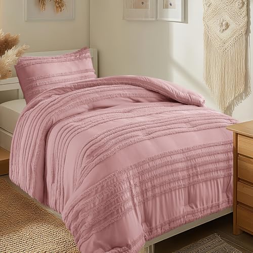 BEDELITE Boho Twin/Twin XL Comforter Set，Dusty Pink Tufted Striped Bed Set 2 Pieces, Soft Vintage Farmhouse Comforter for College, Boho Home Dorm Decor, Fluffy Jacquard Bedding with 1 Pillow Sham - color: Dusty Pink, size: Twin/Twin XL
