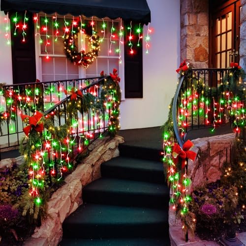 66ft Icicle Lights for Outside, Red and Green Christmas Lights Outdoor Indoor, 640 LED Twinkle String Lights with 120 Drops, Clear Wire Short Curtain Light for Thanksgiving Room Home Wall Bedroom - color: Red and Green, size: 640LED/66ft