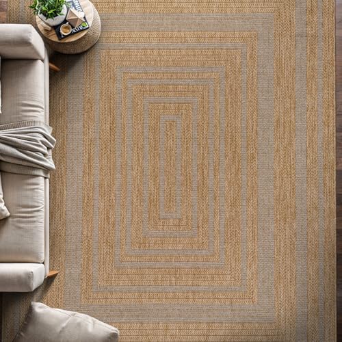 Beverly Rug Easy Jute Framed Border Rug 4x6 Washable Durable Indoor Outdoor Area Rugs for Living Dining Room Patio Office Stain Resistant Non Shedding Casual Indoor Outside Carpet 4 x 6 Natural - color: Framed/Natural, size: 4' x 6' (Rectangular)
