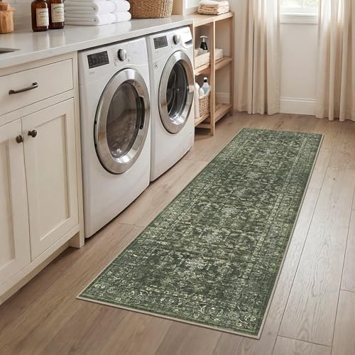 2x7 Green Runner Rug Hallway Washable Area Rugs Kitchen Vintage Boho Non Slip Long Rug Floral Carpet Indoor Retro Soft Low Pile Throw Rug for Bedroom Bathroom Laundry Dining Living Room Office - color: Dark Green, size: 2' x 7' (Runner)